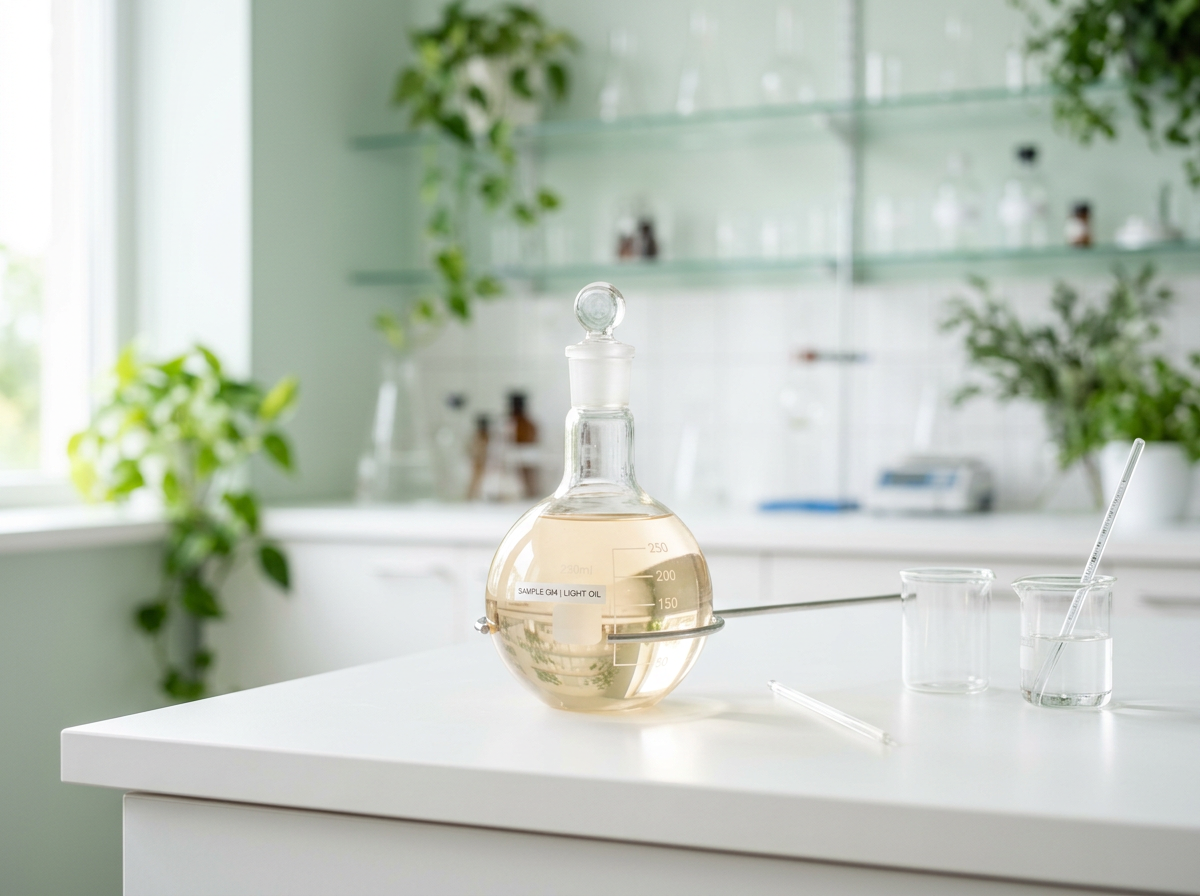 Glass flask of pale golden distillate in a bright lab